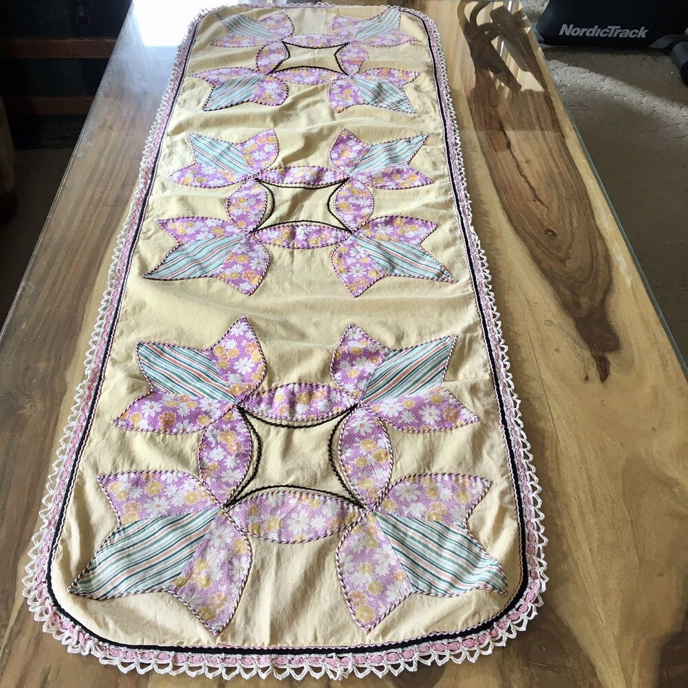 Appliqué Antique Dresser Scarf/Table Runner large yellow  Homemade